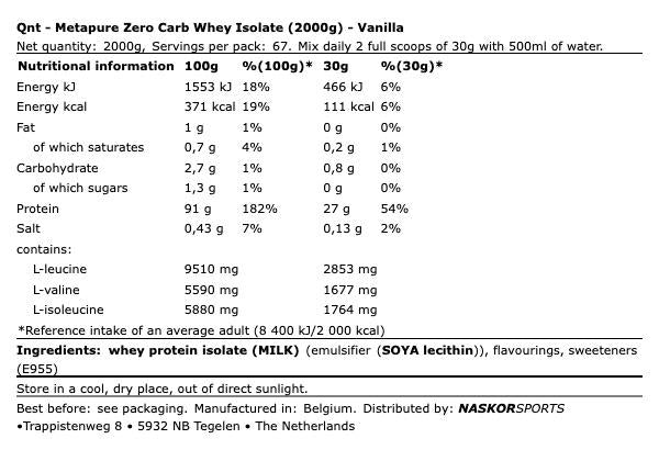 QNT Metapure Zero Carb Whey Isolate Vanilla 2000g – Eiwitpoeder