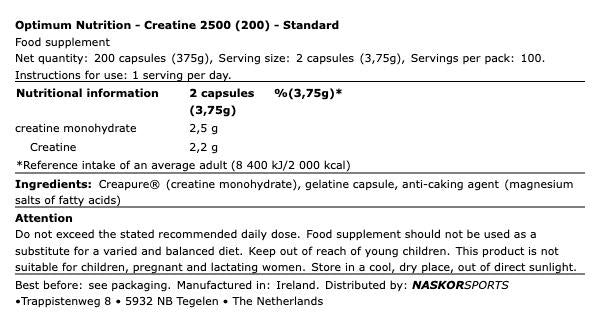 Optimum Nutrition Creatine Creapure 200 Capsules – Creatine Supplement voor Kracht & Spieropbouw