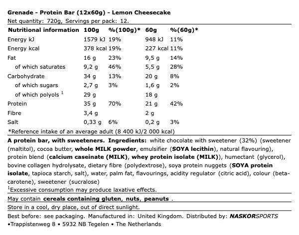Grenade Protein Bar Lemon Cheesecake 12x60g – Eiwitrepen High Protein Low Sugar