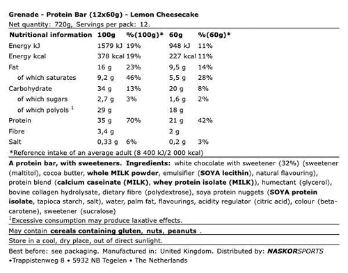 Grenade Protein Bar Lemon Cheesecake 12x60g – Eiwitrepen High Protein Low Sugar