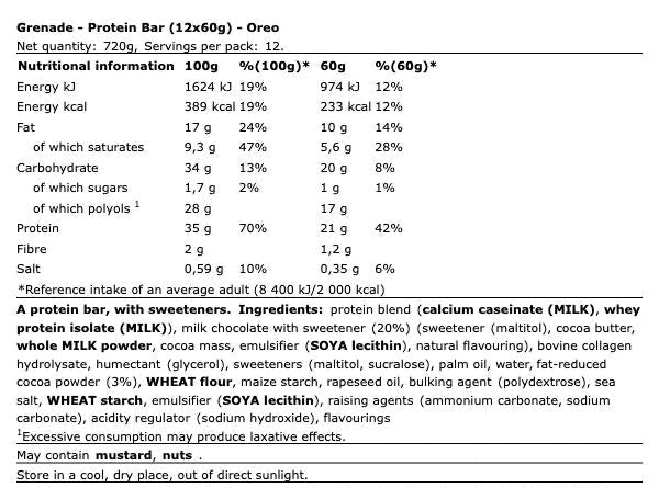Grenade Protein Bar Oreo 12x60g – Eiwitrepen High Protein Low Sugar