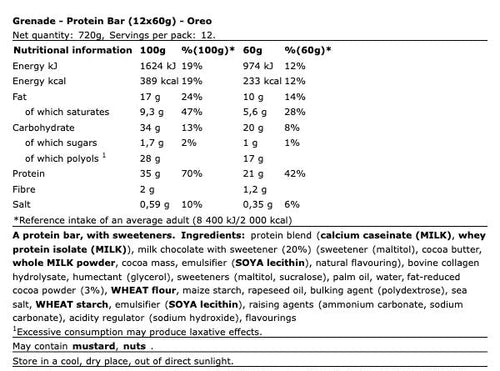 Grenade Protein Bar Oreo 12x60g – Eiwitrepen High Protein Low Sugar
