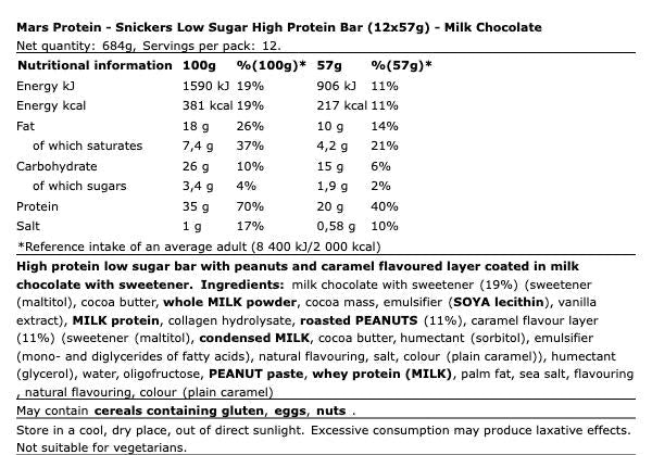 Snickers Low Sugar High Protein Bar 12x57g – Eiwitrepen Chocolade