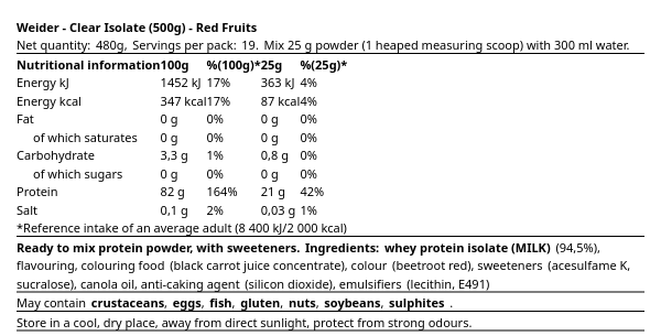Weider Clear Isolate 500g Red Fruits – Clear Whey Isolate Eiwitpoeder Verfrissende Protein Drink